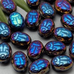 EGYPTIAN REVIVAL PHARAOH PENDANT PEACOCK BLACK SCARAB GLASS BEAD NECKLACE SET