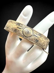 Antique Victorian Gold Filled Sterling Bangle Black Enamel Engraved Bracelet