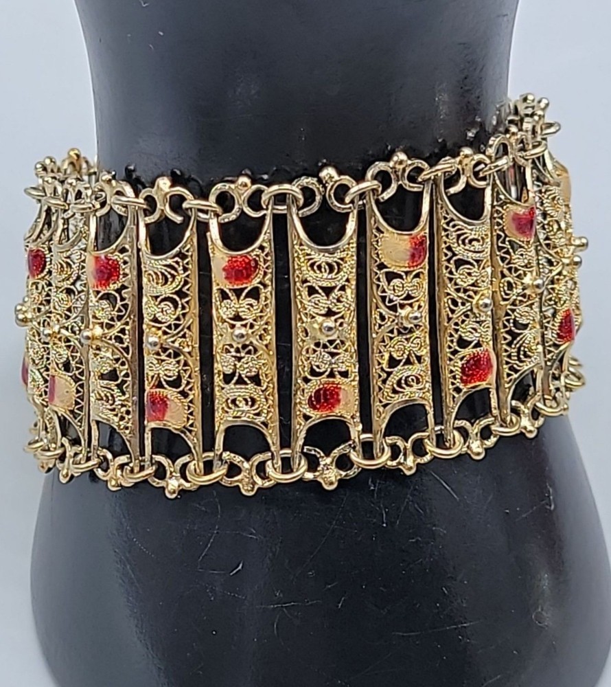 Vintage Italian 800 Silver Gold Plated Filigree Panel Bracelet 7.25″ Red Enamel