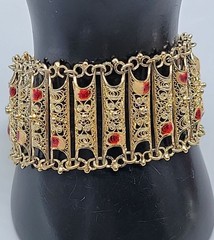 Vintage Italian 800 Silver Gold Plated Filigree Panel Bracelet 7.25″ Red Enamel