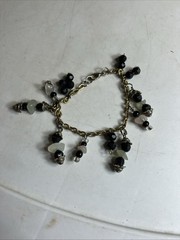 Gold Tone Chain Bracelet with Beaded Dangle Charms Black and White Unbranded VTG