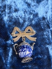 Vintage Silver Brooch Tea Pot Blue White Bow Jewlery