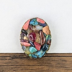 Vintage – 1⅝” Metal Pinback Brooch, Small Colorful Ocean Stones Set in Resin