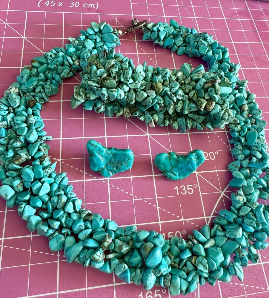 Vintage 3 Strand, Clip Earrings, And Stretchable Bracelet Turquoise