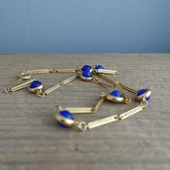 Vintage Gold Tone Long Link Chain Necklace Encased Navy Blue Bead Stations 15”