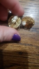 Vintage signed Carol Lee gold tone & grey faux pearl cabochon Clip-on earrings