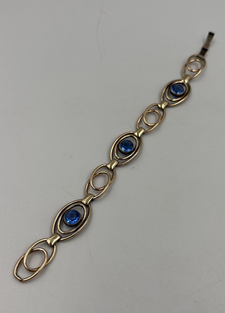 Vintage 1/20 12k On Sterling Blue Glass Stone Infinity Eye Link Bracelet 6-3/4”