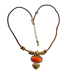 KC Necklace Pendant Cord Vintage Silver Plated Two Gemstones Signed Extender