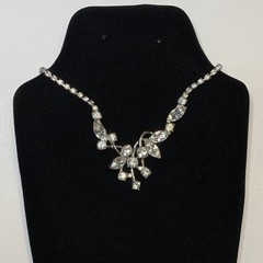 Vintage Choker Necklace Clear Rhinestone Silver Tone Asymmetrical w/ Earrings