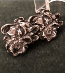 ART NOUVEAU 2-PC STERLING TOP WATCH PIN LOCKET HOLDER UNGER-STYLE PEACOCK LADY
