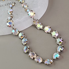 Vintage Open Bezel Necklace Aurora Borealis Round Linked Beads 17″