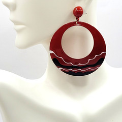 Large Metal Hoop Red Black White Enamel Hand Painted Pierced Vintage Earrings