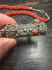Vintage Nepal Prayer Box Necklace, Himalayan Ghau Amulet Pendant with Red Glass