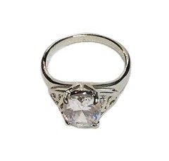 Oval 10mm Cubic Zirconia Solitaire Ring Sz 7 Silver Tone Filigree Engagement EUC