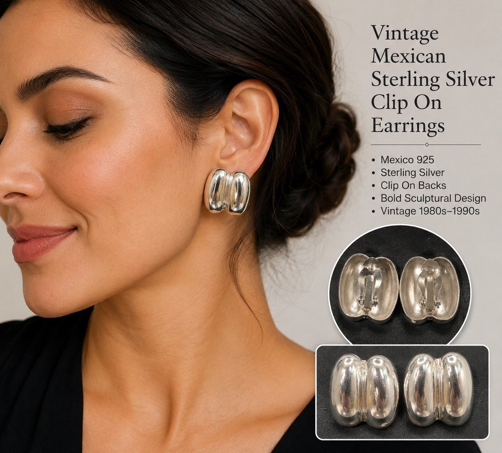 Vintage Mexico 925 Sterling Silver Large Bold Sculptural Puffy Clip On Earrings