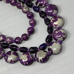 Purple Beaded Necklace Glass Faceted Marble Acrylic Gray Layered Chunky 18″