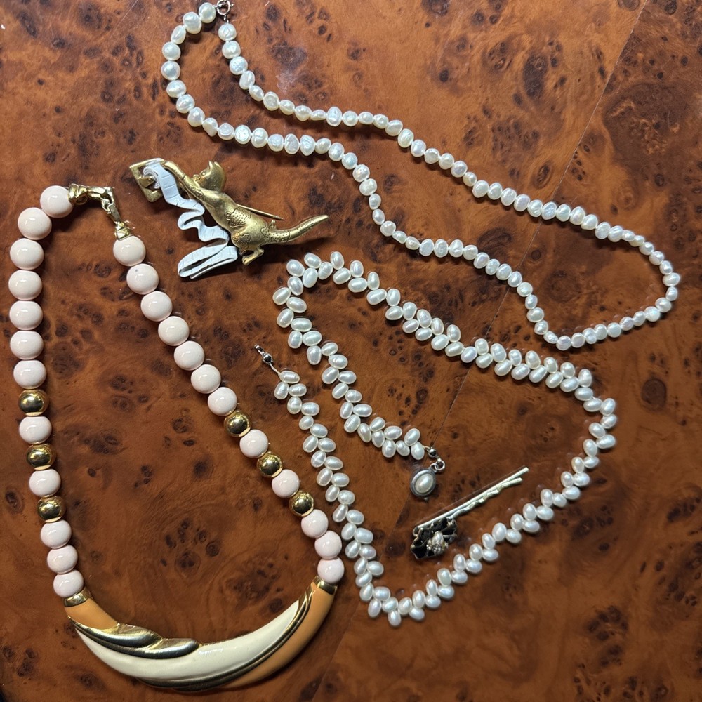 Mixed Lot Vintage Broaches and Pearl And Stone Necklaces. All Wearable.