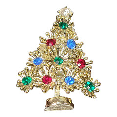 Christmas Tree Brooch Lapel Pin Gold Toned Green Red and Blue Rhinestones