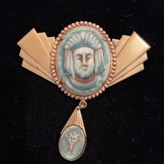Egyptian Revival Carved Stone Gold Tone Vintage Brooch