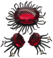Gorgeous Spikey Japanned Metal Red Glass Vintage Brooch Earring Set