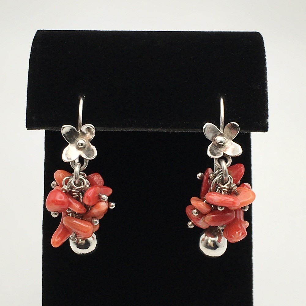 Vintage Sterling Silver Red Orange Coral Flower Hook Dangle Earrings 8.9g #97