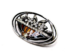 Vintage Pierre Bex French Brooch Pin Enamel Rhinestone Art Deco Trombone Clasp
