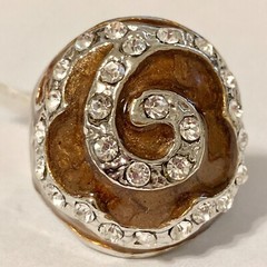 Vintage Brown Enamel Swirl Crystal Cocktail Ring Art Deco Silver Plated Size 8