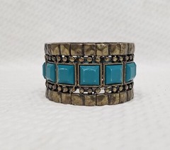 Vintage Boho Tribal Solid Brass & Teal Acrylic Inserts Stretch Bracelet