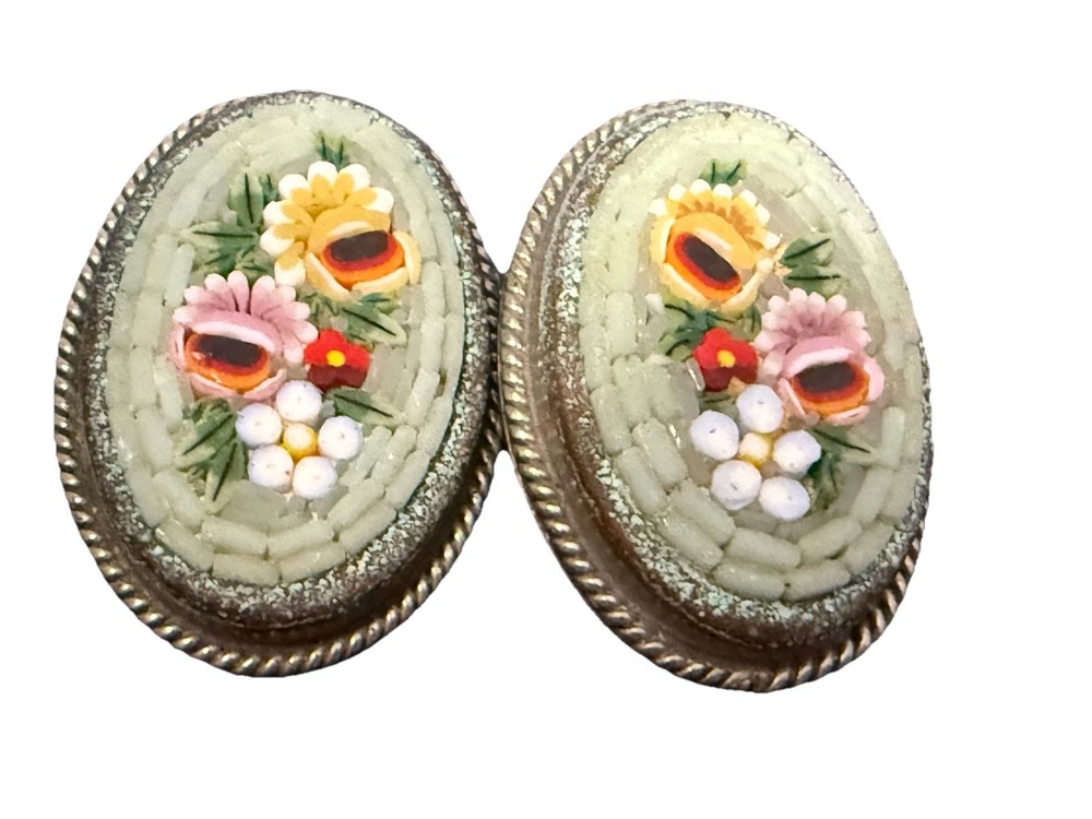 Vintage Pink Green Yellow Micro Mosaic ALP Clip Earrings Flower Shabby Chic