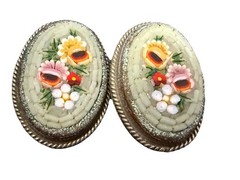 Vintage Pink Green Yellow Micro Mosaic ALP Clip Earrings Flower Shabby Chic