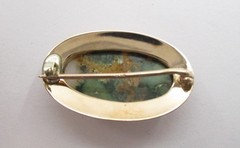 Unakite Cabochon Engraved Pin 10 Karat Yellow Gold 32 mm x 21 mm