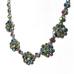 Vtg VCLM Necklace – Multi-color Rhinestones – Floral Clusters Silver tone