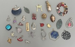 VTG-Now Lot 28 Pendants-Charms Mixed Materials-Metal-Glass-Plastic-Enamel