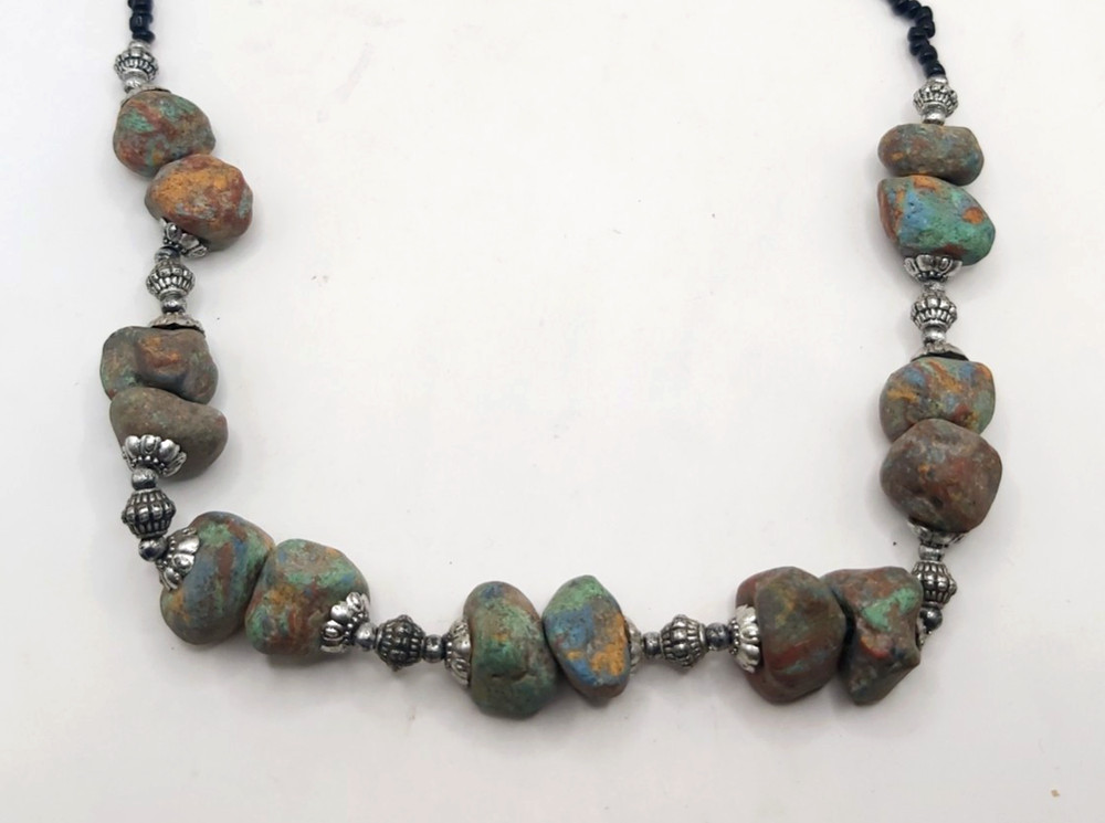 Vintage Moroccan Tribal Statement Necklace Chunky Raw Chrysocolla Beads Boho