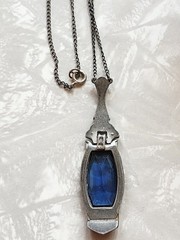 Vintage Art Deco Necklace Blue Glass Articulated 15 Inches/2.25 In Pendant READ