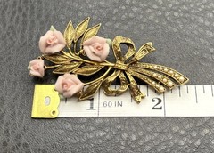 Vintage 1928 Brand Gold Tone Floral Bouquet Brooch Pin Pink Porcelain Roses