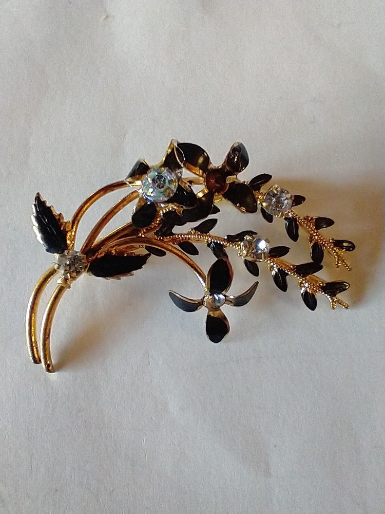 Vintage Rhinestone Enamel Floral 2″ Brooch Pin Stamped Made Austria