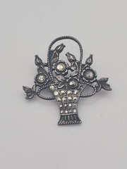 Sterling Silver Marcasite Art Deco Flower Basket Roses Vintage Brooch READ Gift