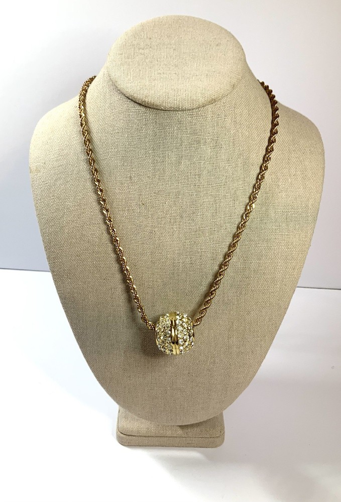 Vintage Goldtone Clear Rhinestones Large Sliding BALL Pendant on 36” Chain