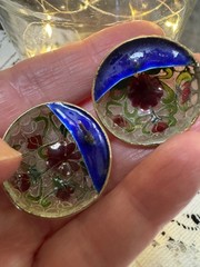 Plique-à-jour / Cloisonné style VINTAGE Enamel DOME Button PIERCED EARRINGS