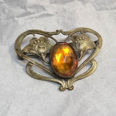 Antique Art Nouveau Pressed Metal Brooch Facetted Cabachon Floral Heart Shape