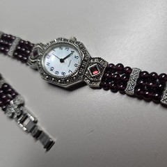 Vtg Silver Tone Marcasite W/ Garnet Beads Watch & Bracelet Set