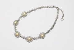 CAROLEE LUX Silver Tone Faux Pearl Rhinestone Floral Statement Necklace