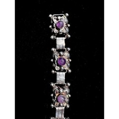 VTG 1930’s Mexican SS Purple Amethyst Orbit Panel Cabochon Link Bracelet 7.5″