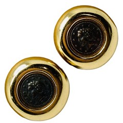 Vintage Costume Fashion Jewlery Gold tone faux Roman Coin Clip-on Earrings