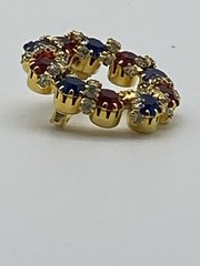 Wreath Circle Ruby Red, Blue & Rhinestone Gold Tone Brooch