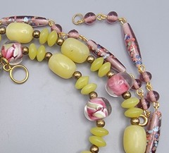 2 Vintage Murano style glass beads Pinks Lavender Lemon Yellow Necklaces