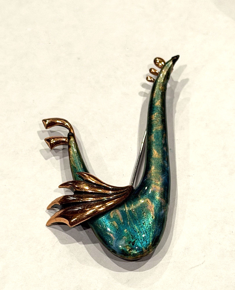 MATISSE RENOIR WINDSONG BIRD GREEN ENAMEL VINTAGE MCM COPPER BROOCH PIN EUC