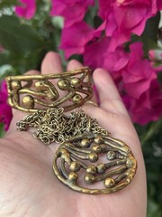 VTG Brutalist 50’s Necklace With Pendant & Bracelet Modern Brass Metal Gold Tone