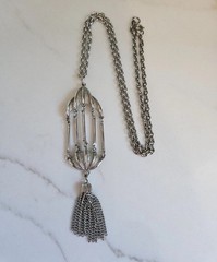 J.J. JONETTE-Vintage Necklace Bird Cage Charm With Tassel Silver Tone Chain 30”